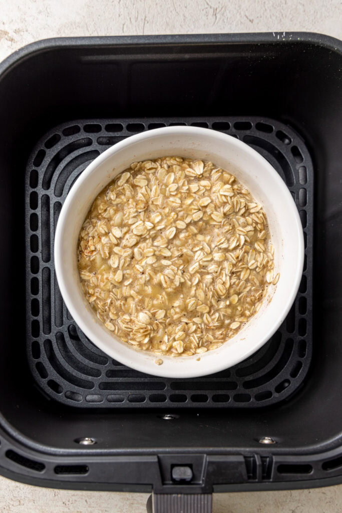 Oats in a dish in the air fryer.