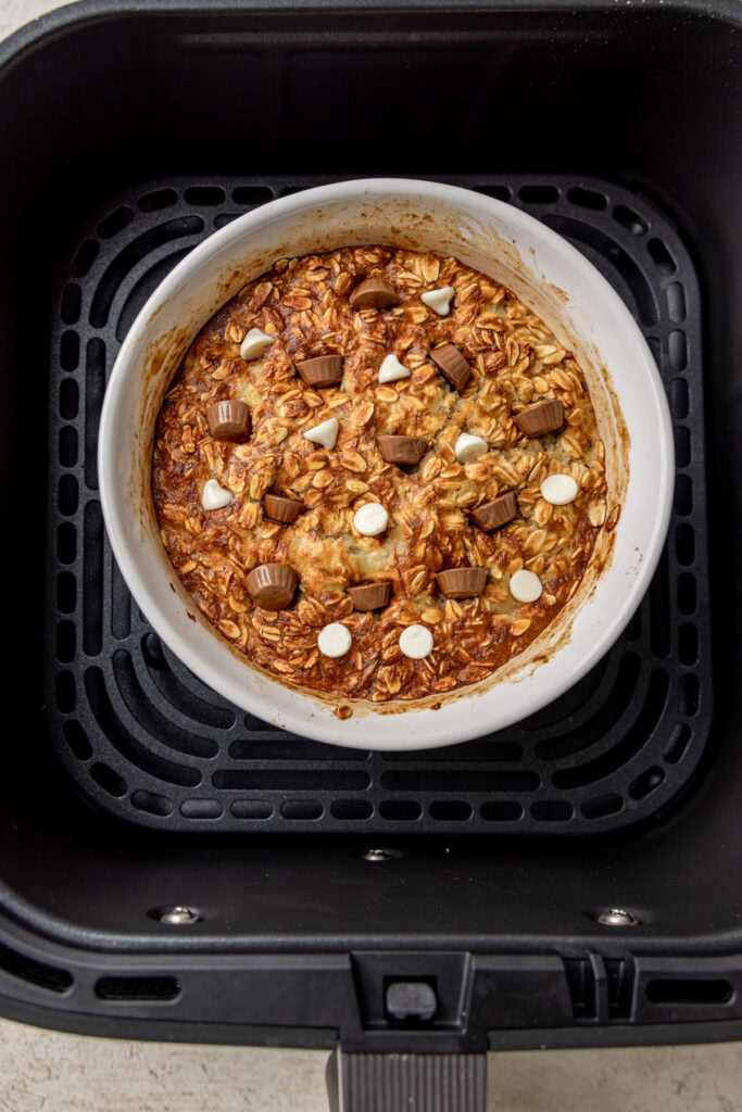 baked oats topped with chocolate chips in the air fryer.